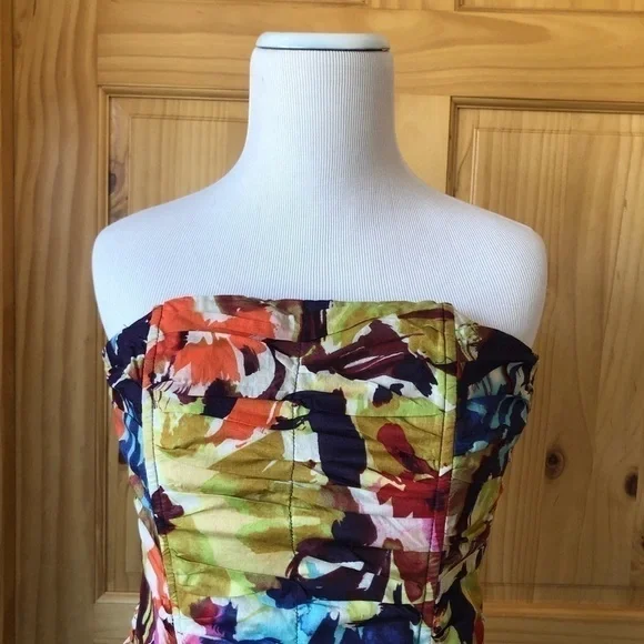 BB Dakota Ruched Abstract Floral Strapless Cotton Dress Size 4 - Picture 3 of 7